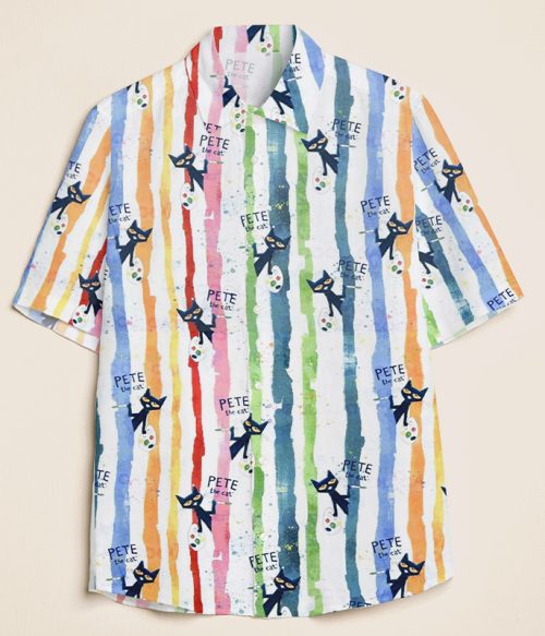 Color Striped And Black Cartoon Cat Teacher Short Sleeve Shirt