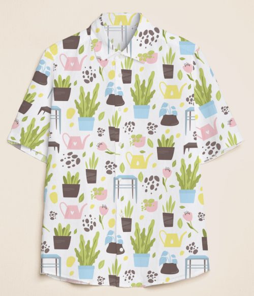 Spring Green Plants And Pink Watering Teacher Short Sleeve Shirt