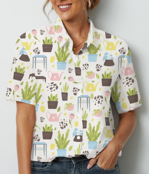 Spring Green Plants And Pink Watering Teacher Short Sleeve Shirt