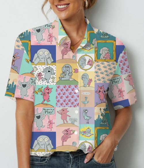 Color Cartoon Elephant And Piggie Teacher Short Sleeve Shirt