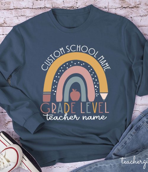 Personalized Name Rainbow Apple Teacher Long Sleeve T-Shirt
