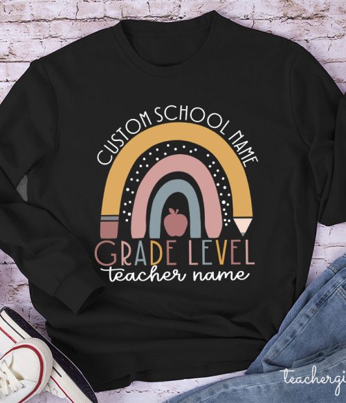 Personalized Name Rainbow Apple Teacher Long Sleeve T-Shirt