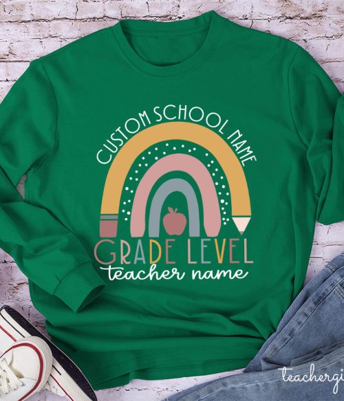 Personalized Name Rainbow Apple Teacher Long Sleeve T-Shirt