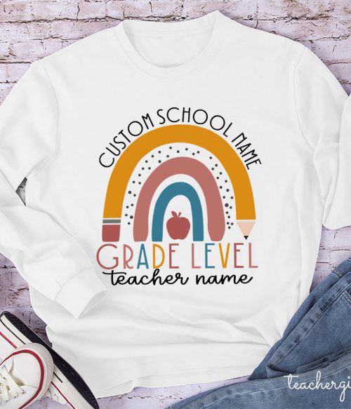 Personalized Name Rainbow Apple Teacher Long Sleeve T-Shirt