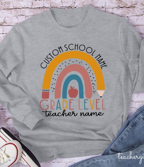 Personalized Name Rainbow Apple Teacher Long Sleeve T-Shirt