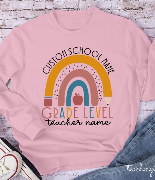 Personalized Name Rainbow Apple Teacher Long Sleeve T-Shirt