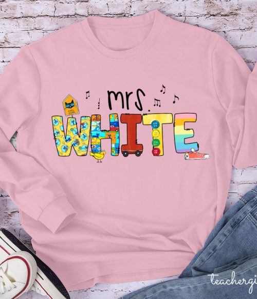 Personalized Name Smile Cat Teacher Long Sleeve T-Shirt