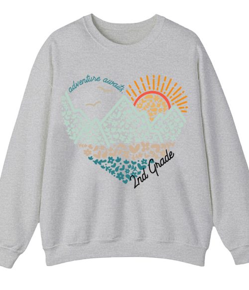 Personalized Grade Adventure Awaits Flower Mountain Sun Teacher Sweatshirt