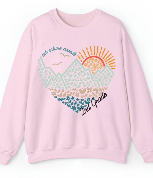 Personalized Grade Adventure Awaits Flower Mountain Sun Teacher Sweatshirt