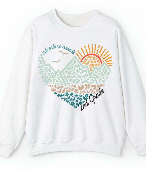 Personalized Grade Adventure Awaits Flower Mountain Sun Teacher Sweatshirt