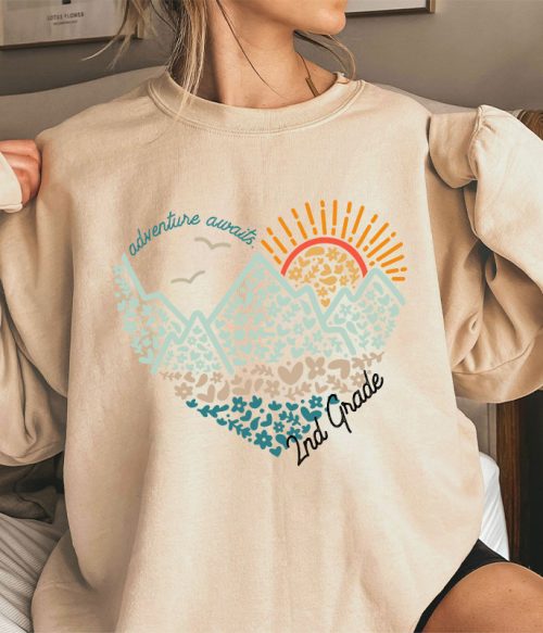 Personalized Grade Adventure Awaits Flower Mountain Sun Teacher Sweatshirt