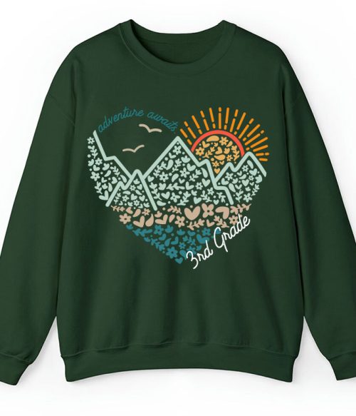 Personalized Grade Adventure Awaits Flower Mountain Sun Teacher Sweatshirt