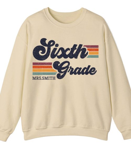 Personalized Grade And Name Retro Horizontal Stripes Teacher Sweatshirt