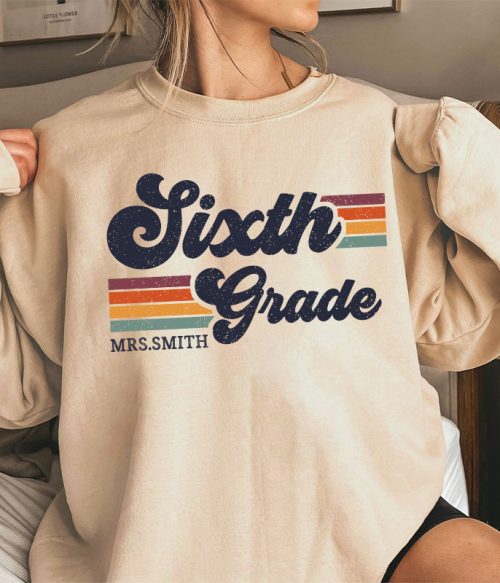 Personalized Grade And Name Retro Horizontal Stripes Teacher Sweatshirt