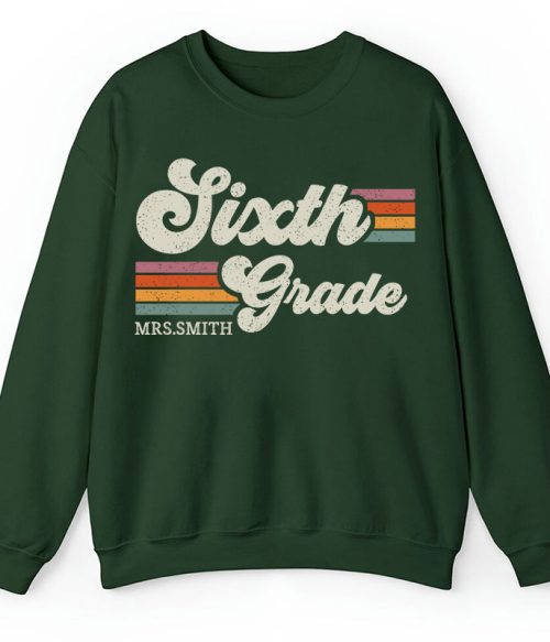 Personalized Grade And Name Retro Horizontal Stripes Teacher Sweatshirt