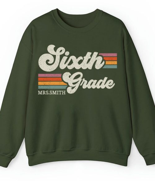 Personalized Grade And Name Retro Horizontal Stripes Teacher Sweatshirt
