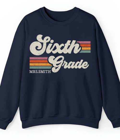 Personalized Grade And Name Retro Horizontal Stripes Teacher Sweatshirt