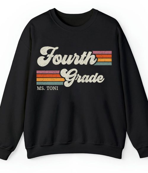 Personalized Grade And Name Retro Horizontal Stripes Teacher Sweatshirt