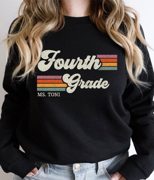 Personalized Grade And Name Retro Horizontal Stripes Teacher Sweatshirt