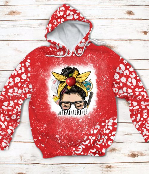 Personalized Messy Bun Teacher Printed Hooded Sweatshirt