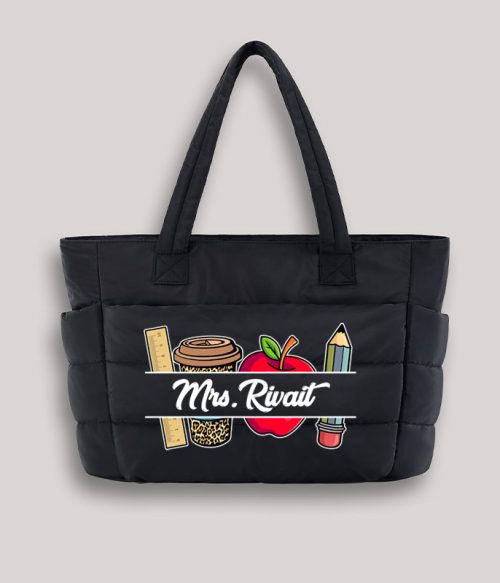 Personalized Pink Rainbow It Takes A Big Heart To Shape Little Minds Teacher Puffy Tote Bag