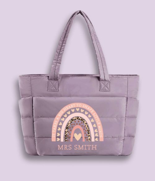 Personalized Pink Rainbow Teacher Puffy Tote Bag