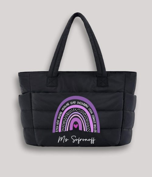 Personalized Purple Rainbow Teacher Puffy Tote Bag