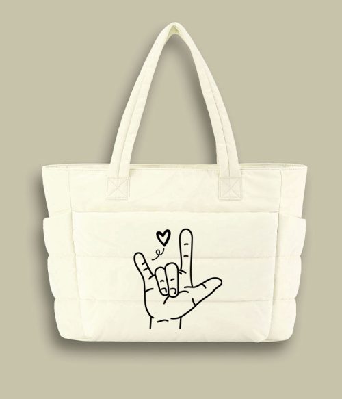 Sign Language Love Needs No Words Teacher Puffy Tote Bag