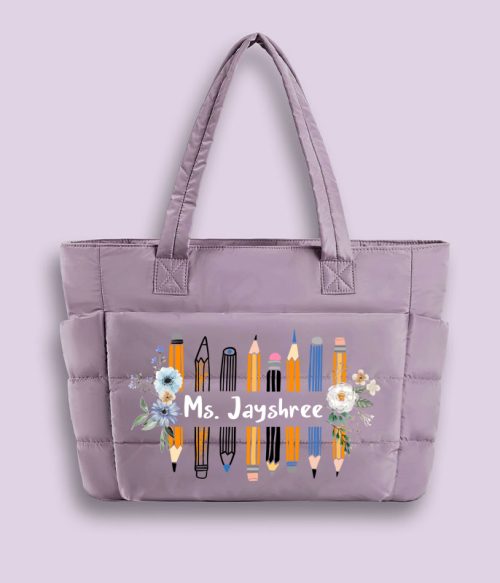 Personalized Name Colored Pencil Flowers Teacher Puffy Tote Bag