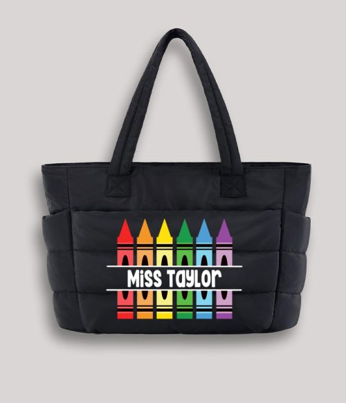 Personalized Pencil Crayon Teacher Puffy Tote Bag