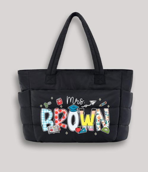Personalized Name Cartoon Stationery Teacher Puffy Tote Bag