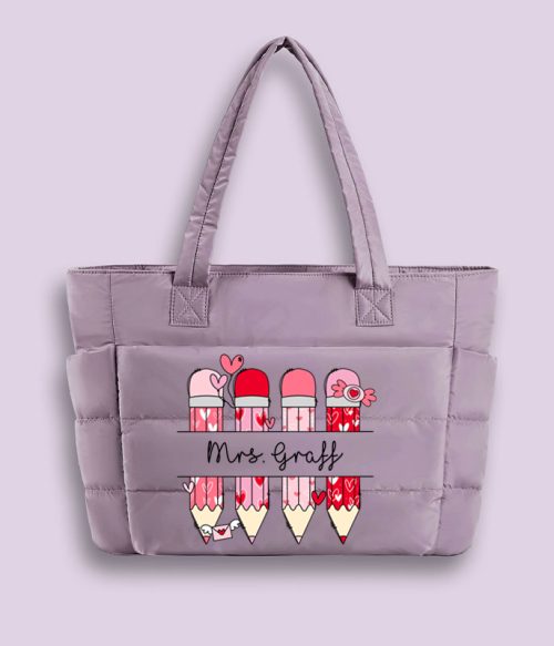 Personalized Pink Pencil Name Teacher Puffy Tote Bag