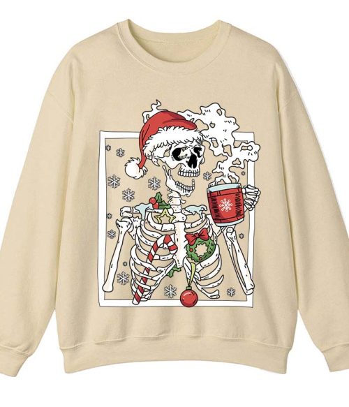 Skeleton With Smiling Skull Drinking Coffee Latte Teacher Sweatshirt