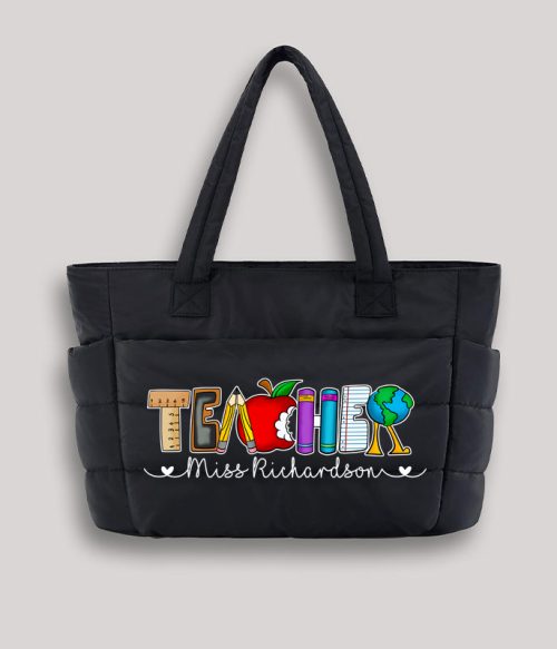 Personalized Name Cartoon Stationery Pencil Teacher Puffy Tote Bag
