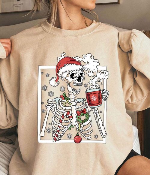 Skeleton With Smiling Skull Drinking Coffee Latte Teacher Sweatshirt