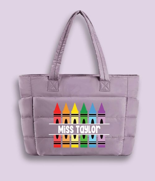 Personalized Pencil Crayon Teacher Puffy Tote Bag