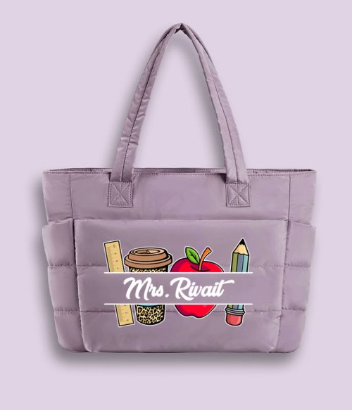 Personalized Pink Rainbow It Takes A Big Heart To Shape Little Minds Teacher Puffy Tote Bag