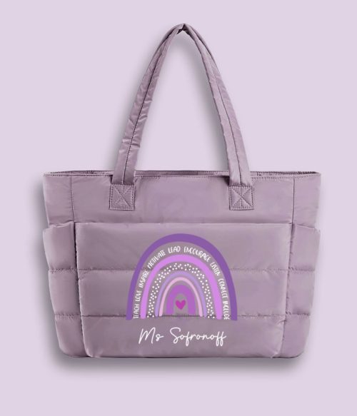 Personalized Purple Rainbow Teacher Puffy Tote Bag