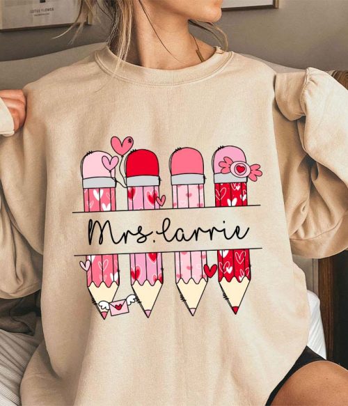 Personalized Pink Pencil Name Teacher Sweatshirt