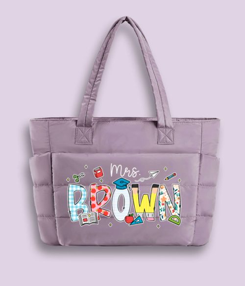 Personalized Name Cartoon Stationery Teacher Puffy Tote Bag