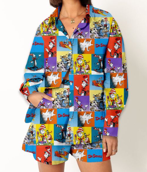 Colorful Cartoon Characters Teacher Long Sleeve Shirt And Shorts Set