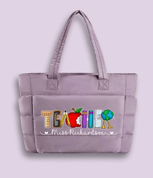 Personalized Name Cartoon Stationery Pencil Teacher Puffy Tote Bag