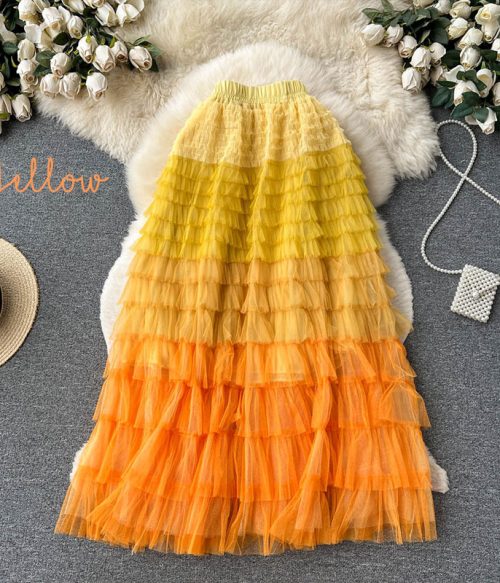 Gradient Color Irregular Mesh Long Cake Skirt Dress
