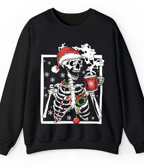 Skeleton With Smiling Skull Drinking Coffee Latte Teacher Sweatshirt