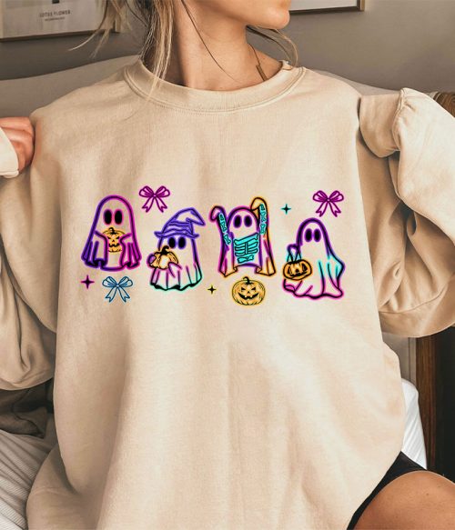 Colorful Neon Ghost Pumpkin Teacher Sweatshirt