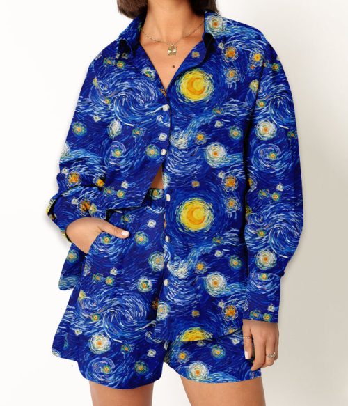 Night Of Stars And Moon Teacher Long Sleeve Shirt And Shorts Set