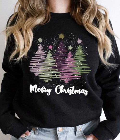 Merry Christmas Colorful Trees Teacher Sweatshirt