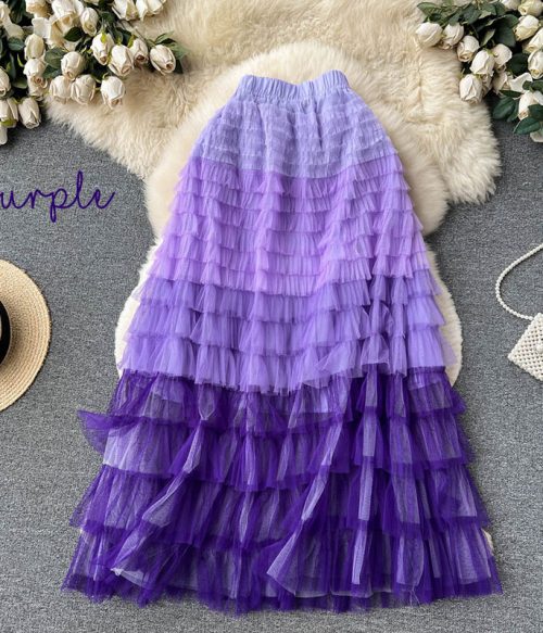 Gradient Color Irregular Mesh Long Cake Skirt Dress