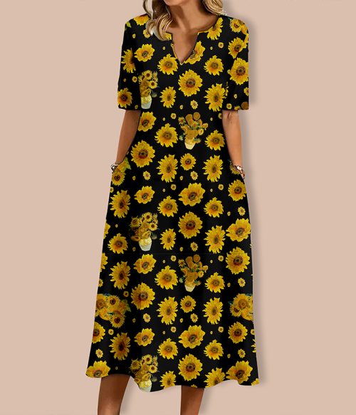 Art Sunflower Teacher V-Neck Long Dress