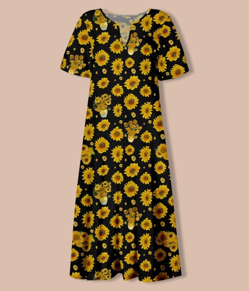 Art Sunflower Teacher V-Neck Long Dress